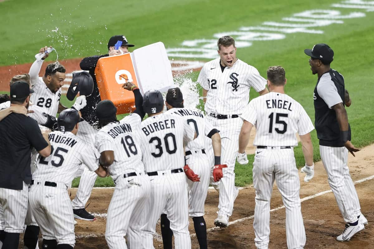 Gavin Sheets celebrates at home plate with the White Sox in 2021