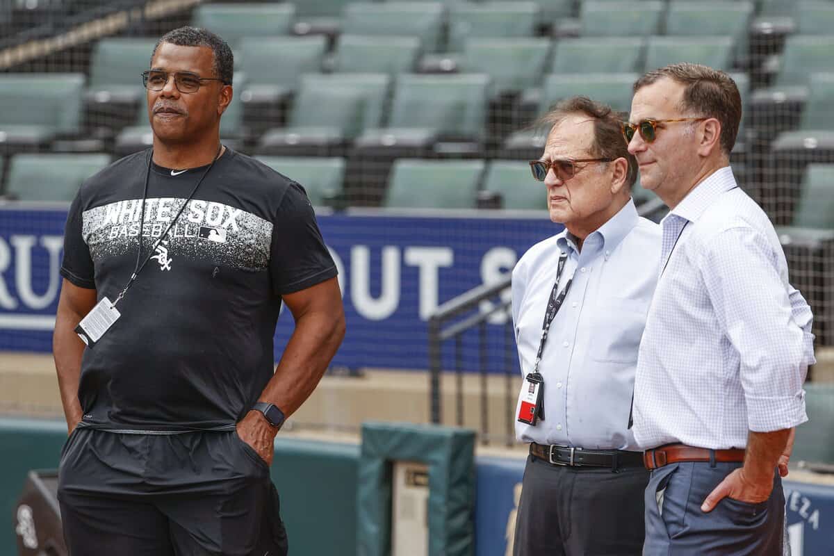 Chicago White Sox executive vice president Ken Williams (L) owner Jerry Reinsdorf (C) and general manager Rick Hahn (R) stand on the sidelines before a baseball game against Minnesota Twins at Guaranteed Rate Field. Mandatory Credit: Kamil Krzaczynski-USA TODAY Sports