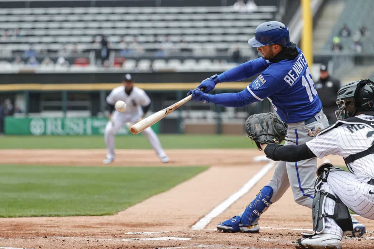 Apr 28, 2022; Chicago, Illinois, USA; Kansas City Royals left fielder Andrew Benintendi (16) hits an RBI-double against the Chicago White Sox during the first inning at Guaranteed Rate Field. Mandatory Credit: Kamil Krzaczynski-USA TODAY Sports