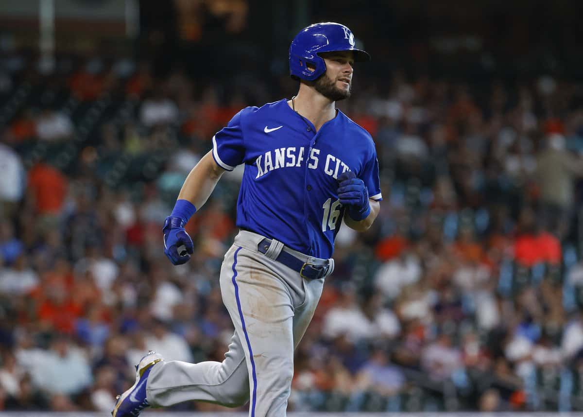 Jul 4, 2022; Houston, Texas, USA; Kansas City Royals left fielder Andrew Benintendi (16) runs to first base on a single during the seventh inning against the Houston Astros at Minute Maid Park. Mandatory Credit: Troy Taormina-USA TODAY Sports