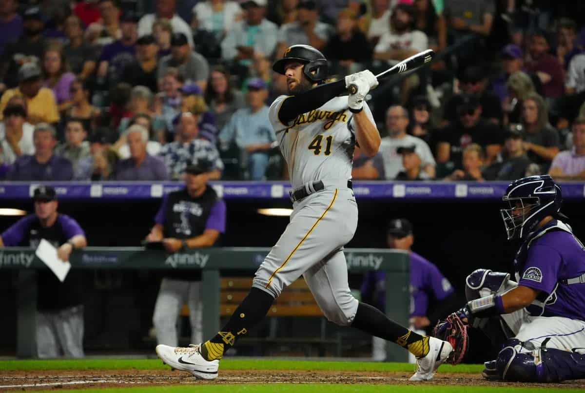 Jul 15, 2022; Denver, Colorado, USA; Pittsburgh Pirates center fielder Jake Marisnick (41) doubles in the seventh inning against the Colorado Rockies at Coors Field. Mandatory Credit: Ron Chenoy-USA TODAY Sports