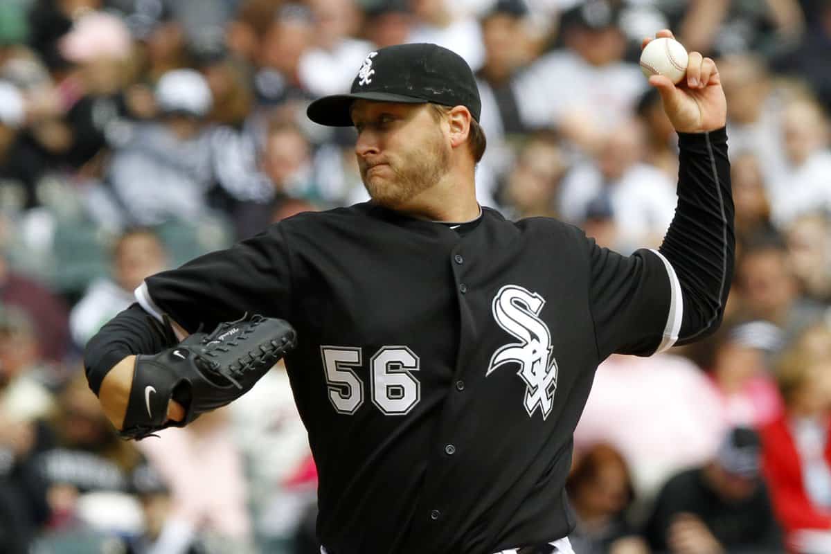 Apr 11, 2010; Chicago, IL, USA; Chicago White Sox starting pitcher Mark Buehrle (56) delivers a pitch in the second inning against the Minnesota Twins at US Cellular Field. Mandatory Credit: Mike DiNovo-USA TODAY Sports