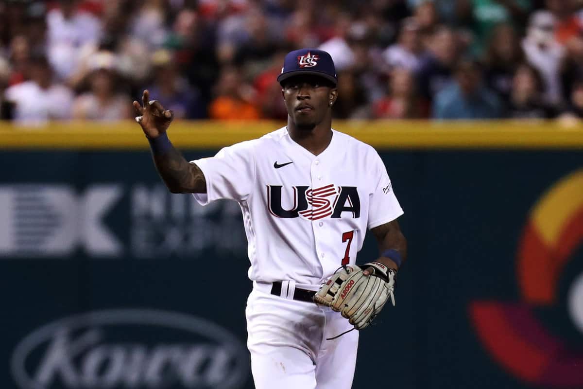 Mar 12, 2023; Phoenix, Arizona, USA; Team USA infielder Tim Anderson (7) celebrates after three strikes against Team Mexico at Chase Field. Mandatory Credit: Zachary BonDurant-USA TODAY Sports