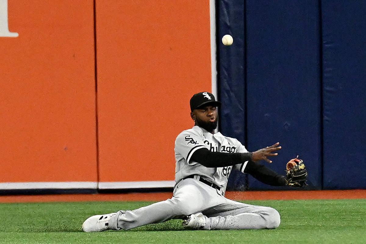 Apr 22, 2023; St. Petersburg, Florida, USA; Chicago White Sox center fielder Luis Robert Jr. (88) misplays a line drive in the first inning against the Tampa Bay Rays at Tropicana Field. Mandatory Credit: Jonathan Dyer-USA TODAY Sports