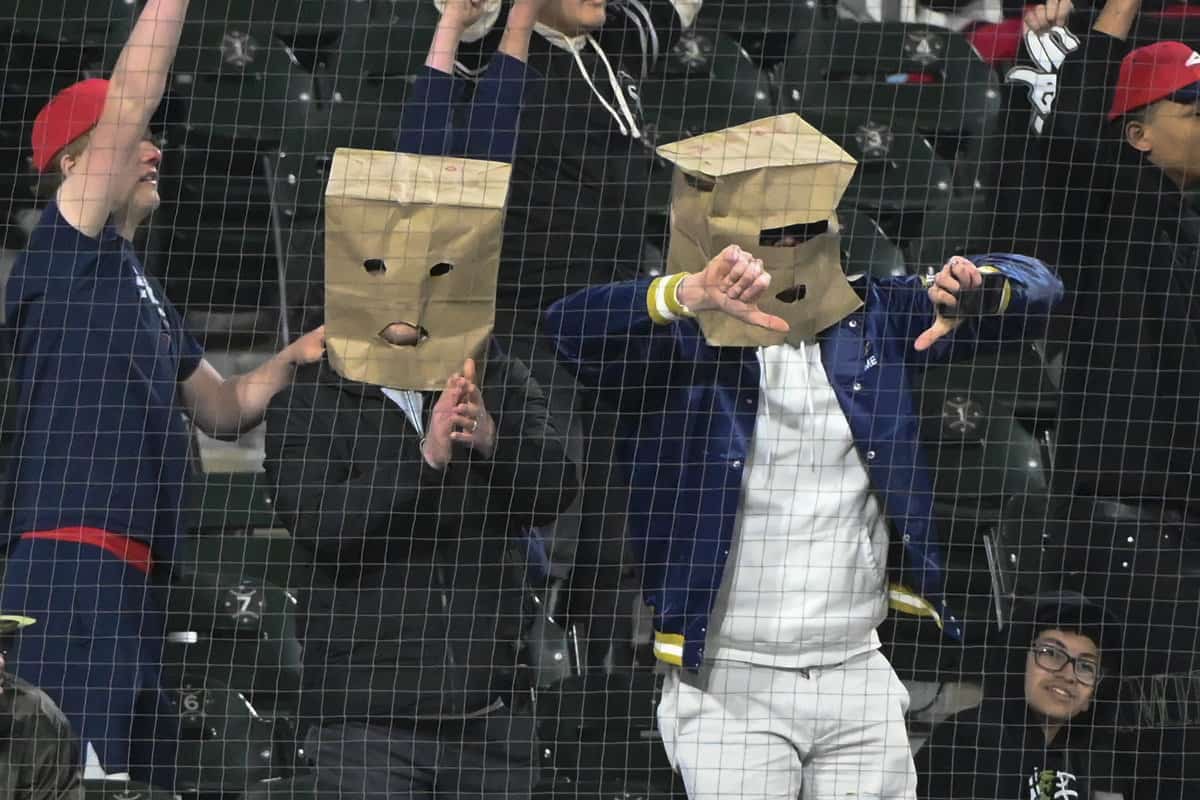 Apr 27, 2023; Chicago, Illinois, USA; Chicago White Sox fans gesture during the eighth inning against the Tampa Bay Rays at Guaranteed Rate Field. Mandatory Credit: Matt Marton-USA TODAY Sports