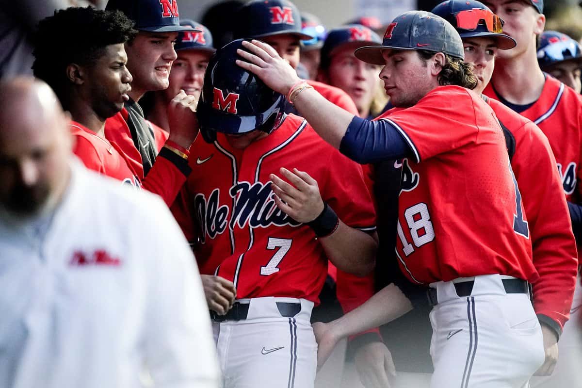 Ole Miss shortstop Jacob Gonzalez (7) reacts after scoring against Vanderbilt on a single hit by Ole Miss catcher Calvin Harris during the third inning at Hawkins Field in Nashville, Tenn., Thursday, March 16, 2023. Vandy Olemiss Base 031623 An 012