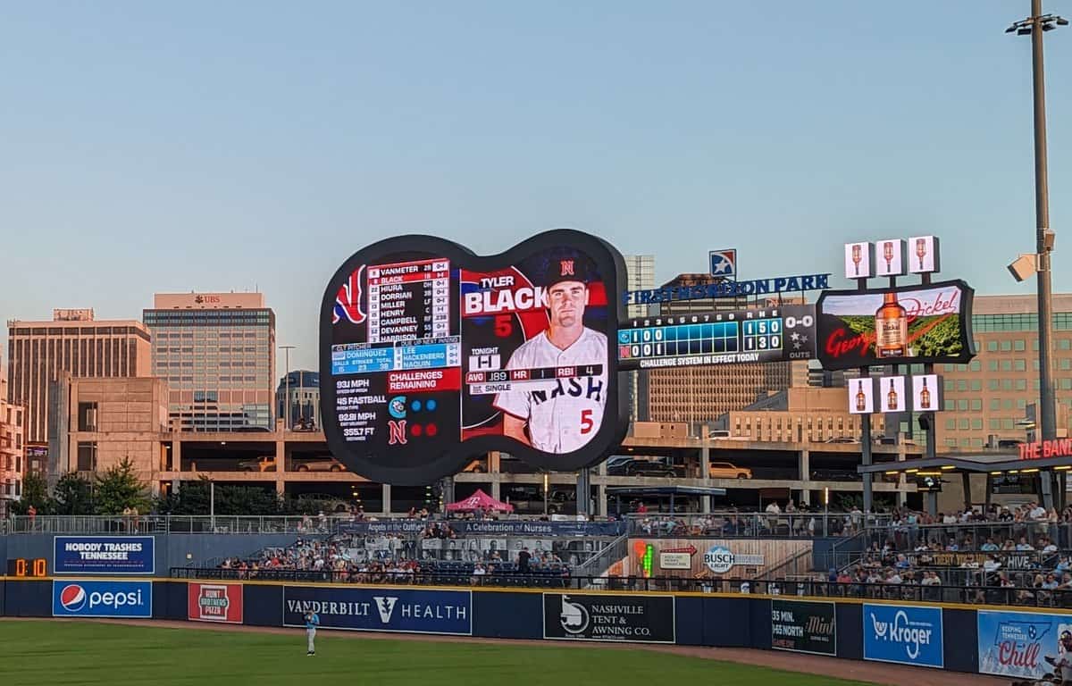 Nashville Sounds scoreboard showing challenge system