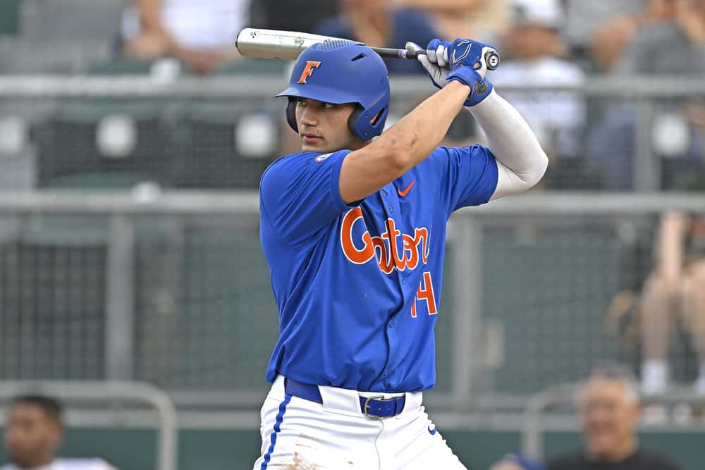 Florida pitcher/first baseman Jac Caglianone (14) bats in the ninth inning as the Miami Hurricanes faced the Florida Gators on March 2, 2024, at Mark Light Field at Alex Rodriguez Park in Coral Gables, Florida. (Photo by Samuel Lewis/Icon Sportswire)