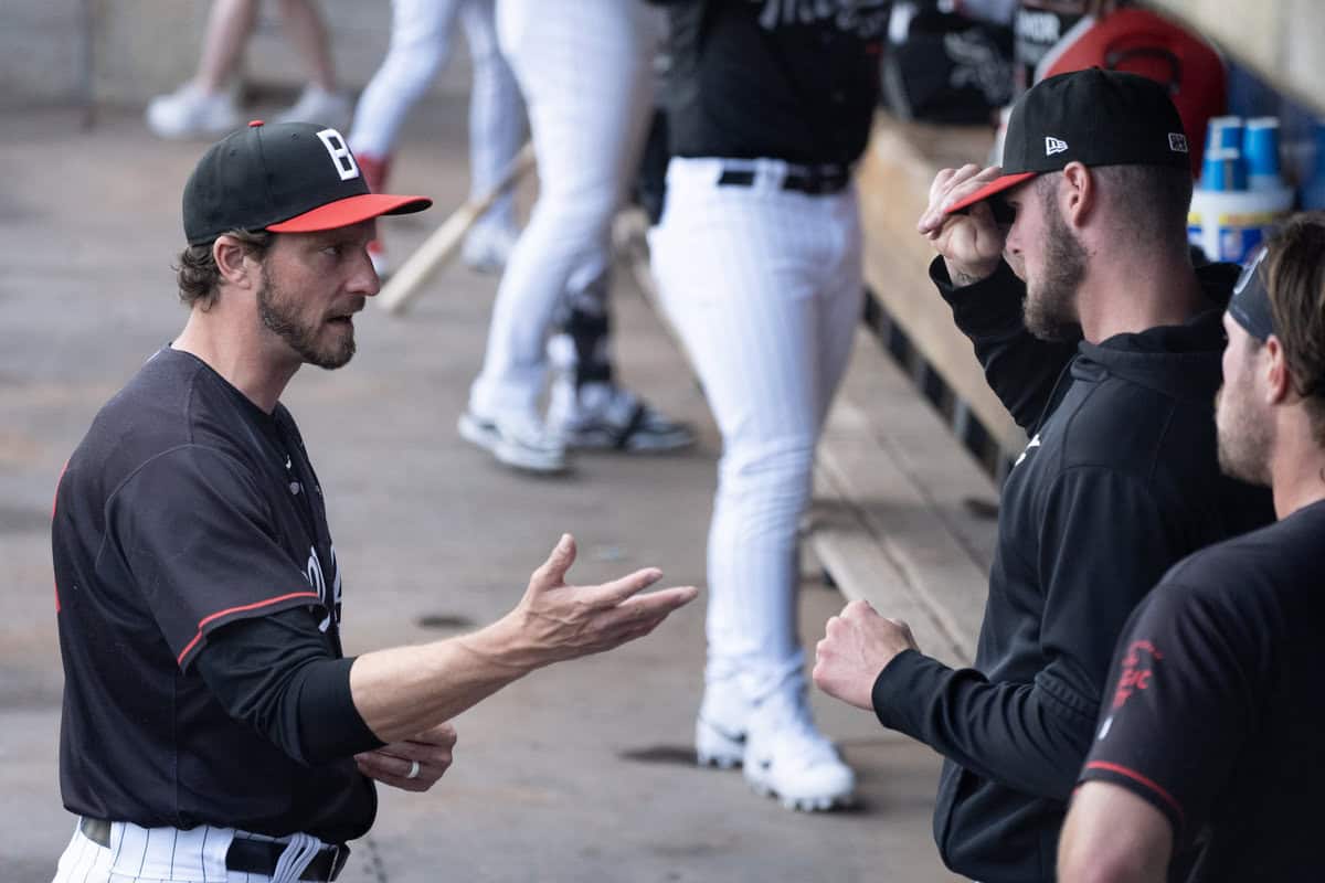 Birmingham Barons pitching coach John Ely talks to White Sox prospect Jake Eder