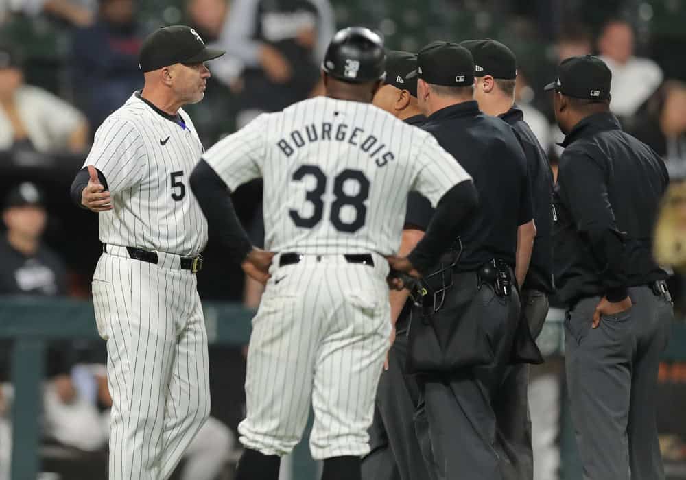 CHICAGO, IL - MAY 23: Pedro Grifol (5) of the Chicago White Sox argues with the umpires after a pop out by Andrew Benintendi (23) of the Chicago White Sox is called an unassisted double play after interference by Andrew Vaughn (25) of the Chicago White Sox after a game against the Baltimore Orioles on May 23, 2024 at Guaranteed Rate Field in Chicago, Illinois. (Photo by Melissa Tamez/Icon Sportswire)