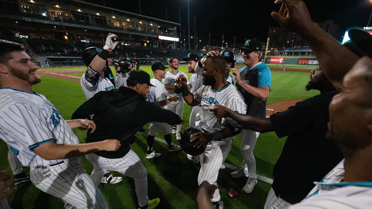 White Sox Triple-A affiliate Charlotte Knights celebrate a walk-off win