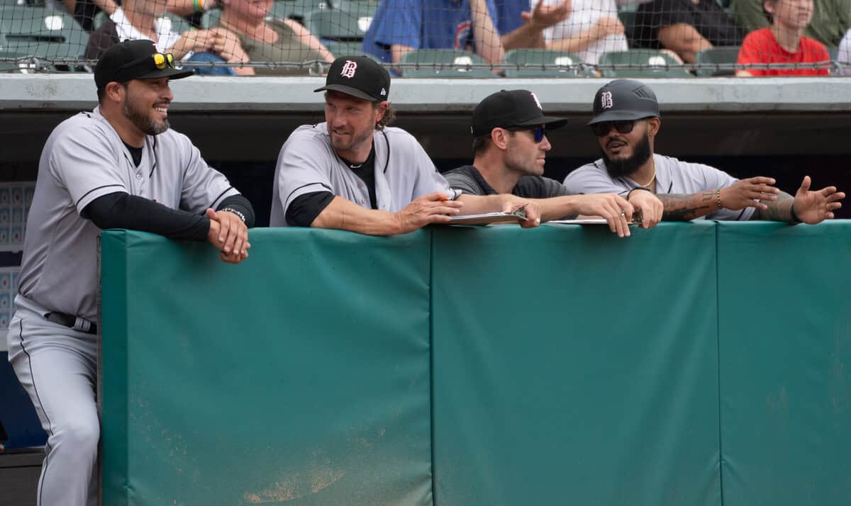 Birmingham Barons dugout with Sergio Santos, John Ely and Angel Rosario