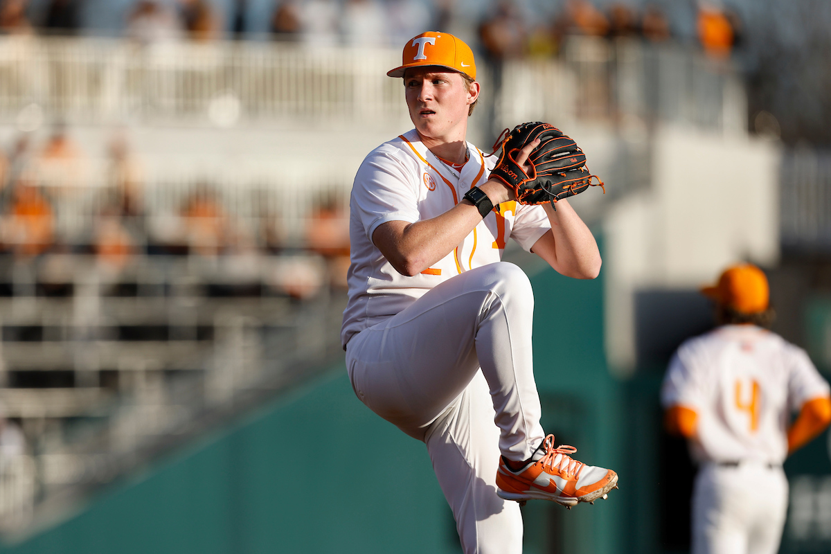 Tennessee Volunteers starting pitcher Liam Doyle (12) in action against the Hofstra Pride on Robert M. Lindsay Field at Lindsey Nelson Stadium on Feb. 14, 2025, in Knoxville, Tennessee. (Danny Parker/Four Seam Images)