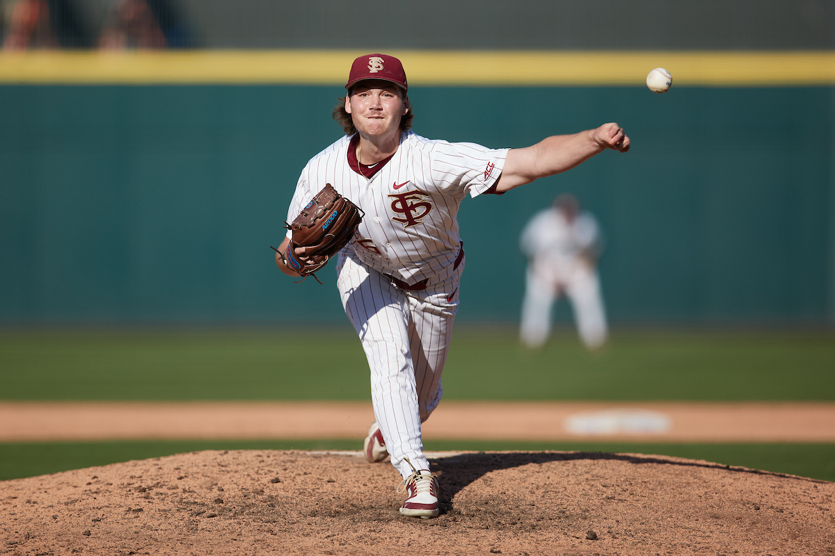 Florida State Seminoles relief pitcher Jamie Arnold (16) delivers a pitch to the plate during the game against the Georgia Tech Yellow Jackets at Truist Field on May 21, 2024 in Charlotte, North Carolina. (Brian Westerholt/Four Seam Images)