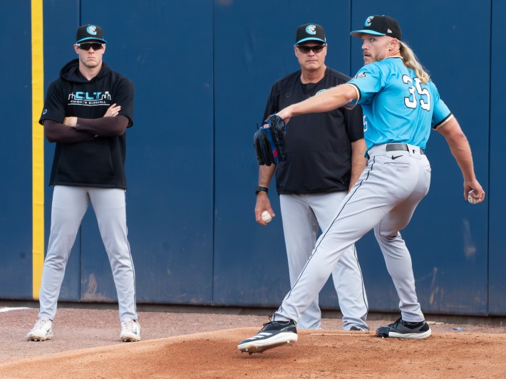 Charlotte Knights pitching coach Scott Aldred with Noah Syndergaard
