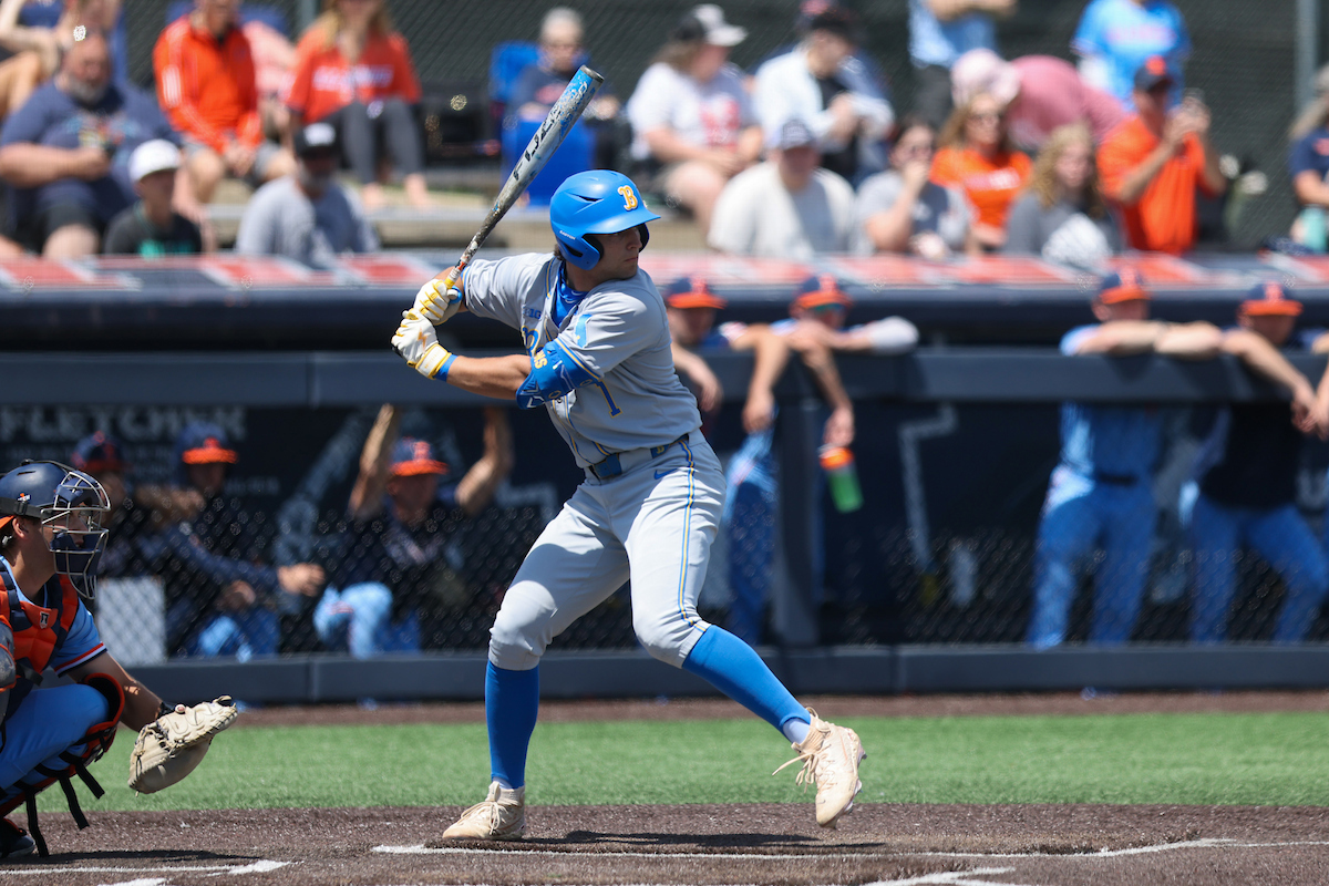 UCLA Bruins Roch Cholowsky (1) bats during an NCAA baseball game against the Illinois Fighting Illini on May 11, 2025 at Illinois Field in Champaign, IL. (Casey Burns/Four Seam Images)