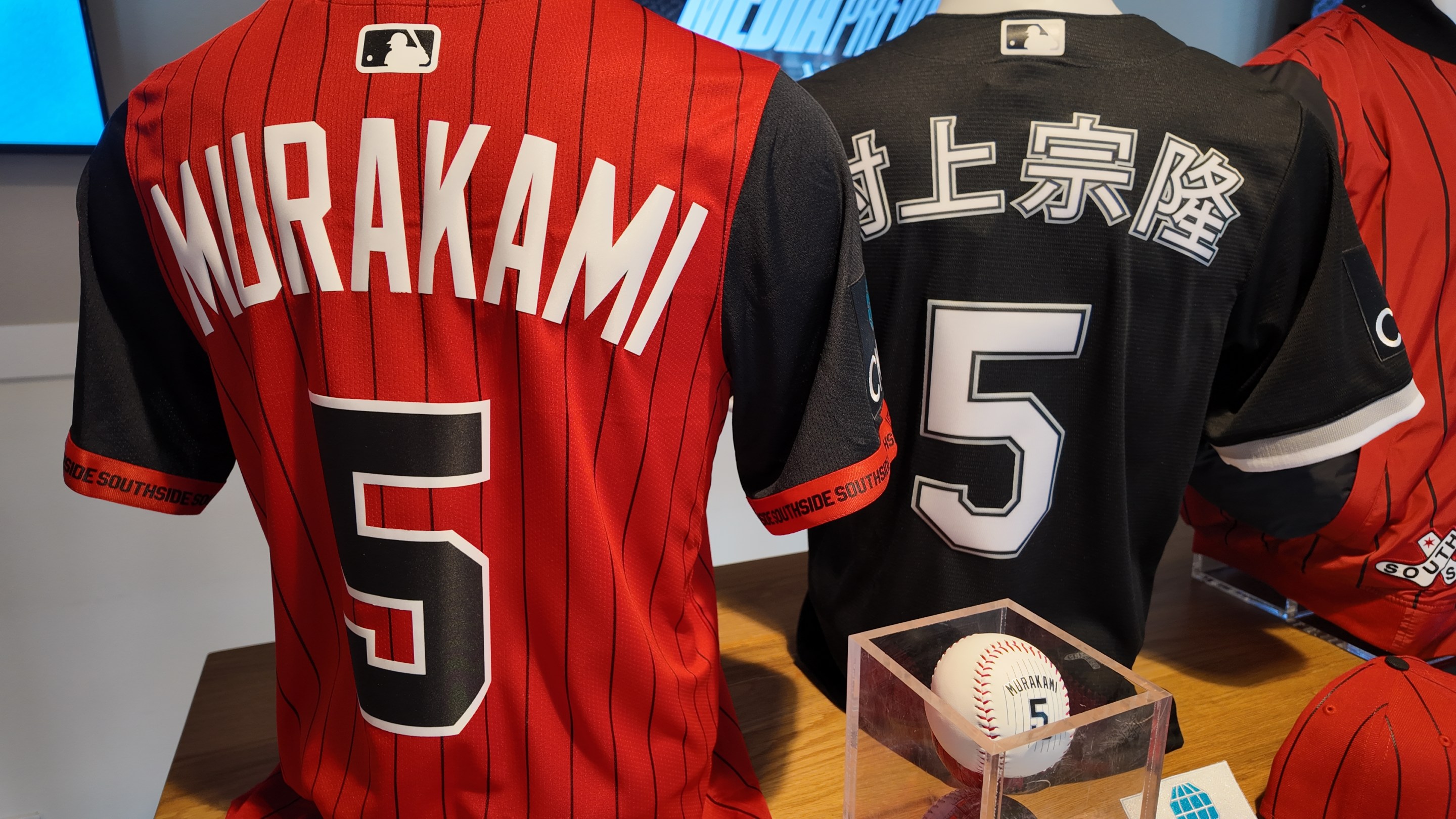 New Munetaka Murakami Chicago White Sox jerseys on display during 2026 Media Preview Day (Photo by Josh Nelson, Sox Machine)