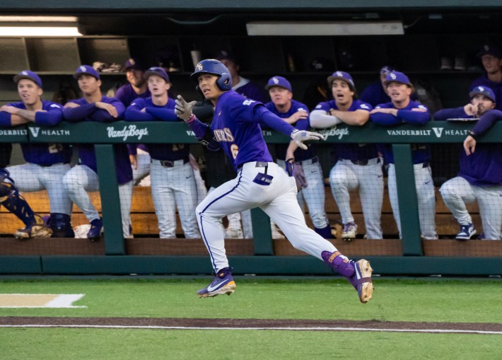 LSU outfielder Derek Curiel watches his fly ball to left field against Vanderbilt (Photo by Jim Margalus, Sox Machine)