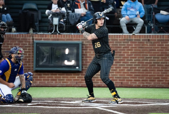Vanderbilt outfielder Braden Holcomb awaits pitch against LSU. (Photo by Jim Margalus, Sox Machine)