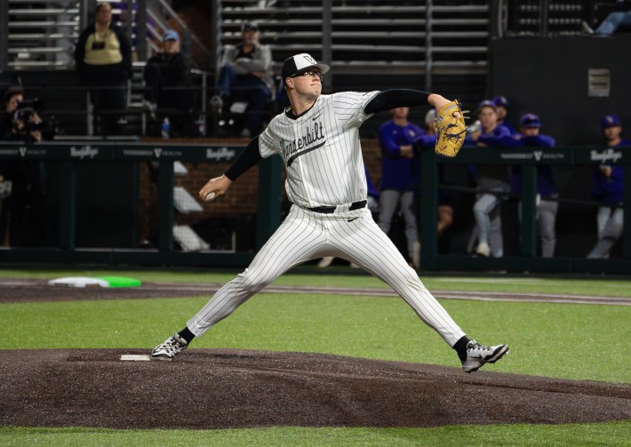 Vanderbilt right-handed pitcher Wyatt Nadeau in mid-delivery against LSU (Photo by Jim Margalus, Sox Machine)