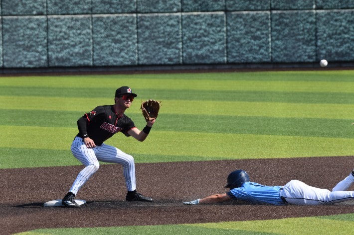 Grady Emerson ready to receive a throw and tag a potential base stealer.