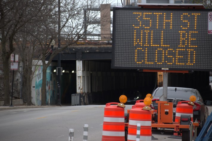 Street closure sign (Photo by Josh Nelson, Sox Machine)