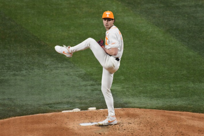 Tennessee RHP Tegan Kuhns shows off his high leg kick during the windup in start against UCLA (Photo by Josh Nelson, Sox Machine)