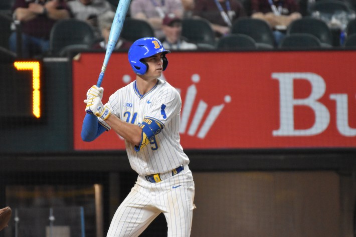 UCLA outfielder Will Gasparino awaits the incoming pitch in game versus Texas A&M. (Photo by Josh Nelson, Sox Machine)