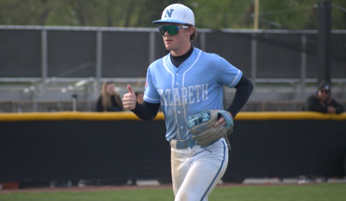 Nazareth Academy shortstop Landon Thome gives a thumbs up after a play against Marion Catholic on April 20, 2026. (Photo by Josh Nelson, Sox Machine)