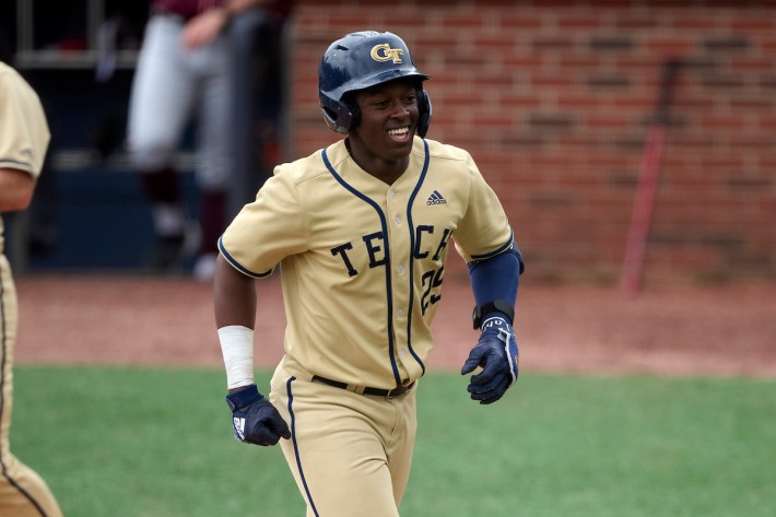 Georgia Tech Yellow Jackets Vahn Lackey (25) smiles after hitting a home run during an NCAA baseball game against the Virginia Tech Hokies on March 8, 2026 at Mac Nease Baseball Park at Russ Chandler Stadium in Atlanta, Georgia. (Mike Janes/Four Seam Images)