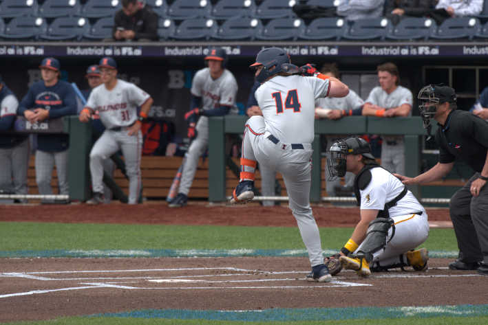 Illinois first baseman, AJ Putty, loads up for a swing against Iowa in the 2026 Big Ten Baseball Tournament (Photo by Josh Nelson, Sox Machine)