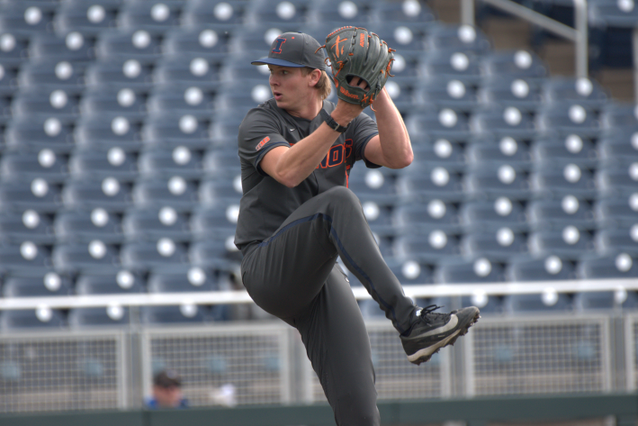 Illinois left-handed pitcher Aidan Flinn in mid-delivery on his next pitch against Purdue in the 2026 Big Ten Baseball Tournament (Photo by Josh Nelson, Sox Machine)