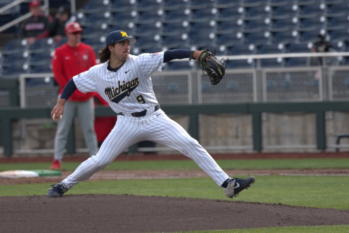 Michigan right-handed pitcher Cade Montgomery delivers another pitch in his start against Rutgers during the 2026 Big Ten Baseball Tournament (Photo by Josh Nelson, Sox Machine)
