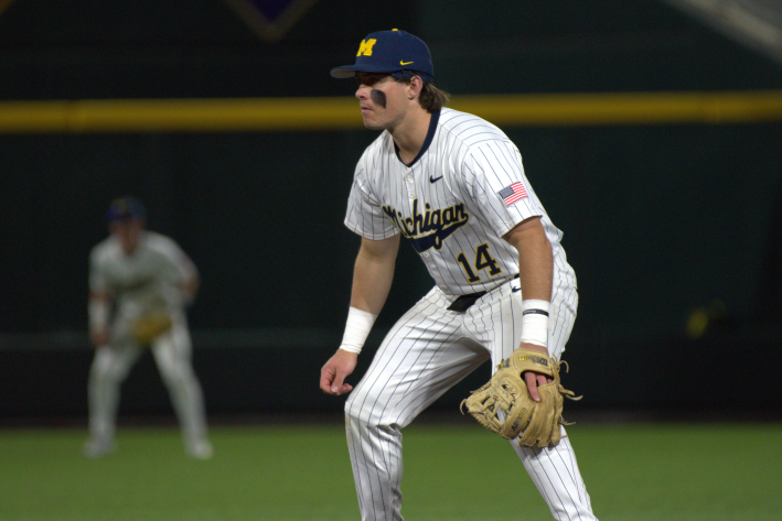 Michigan second baseman Colby Turner gets into defensive position in 2026 Big Ten Tournament game versus Washington (Photo by Josh Nelson, Sox Machine)